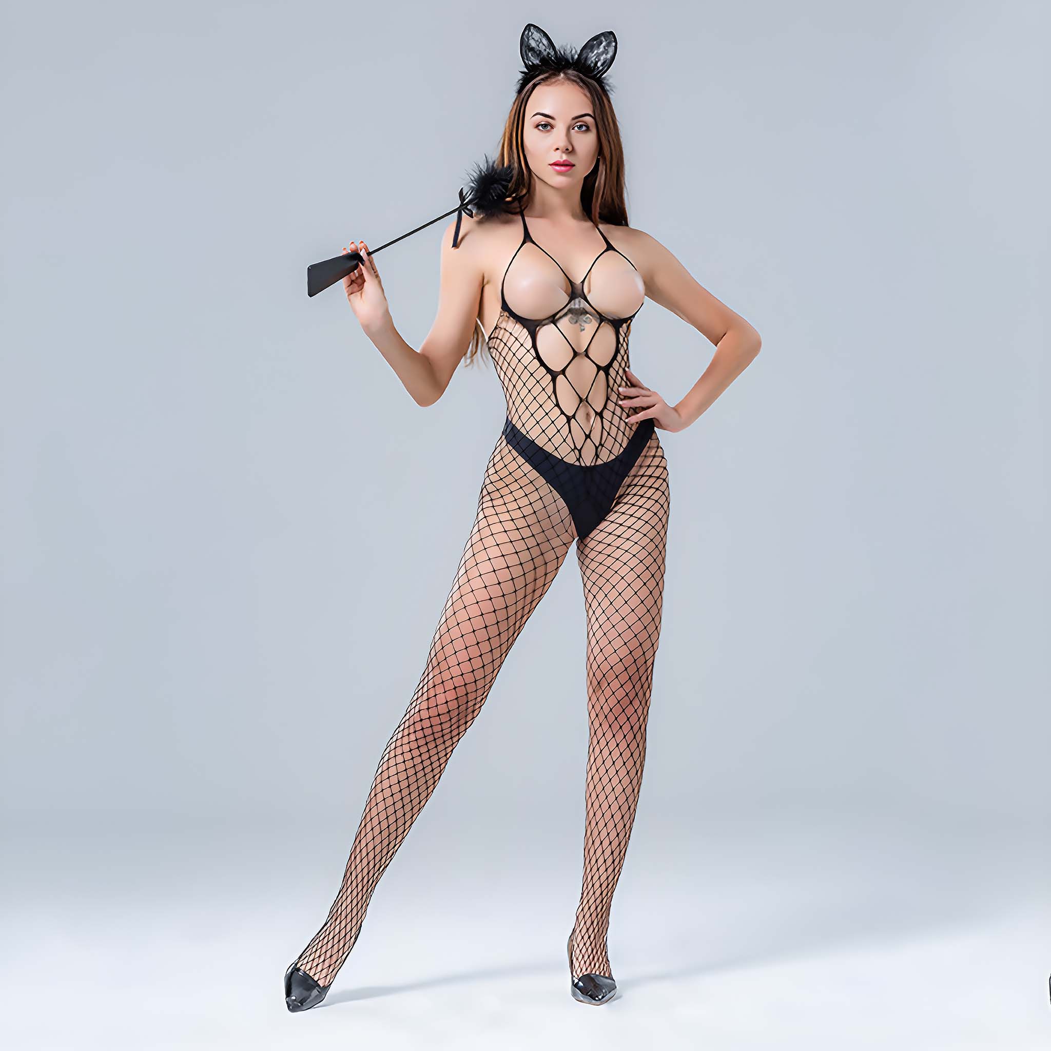 Black Lingerie Shredded Fishnet Bodystockings with nude bodysuit