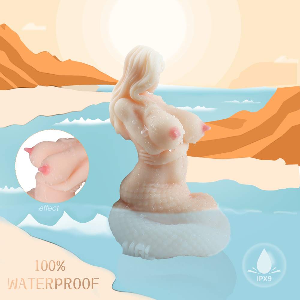 Male Stroker Small Fantasy Sex Doll Medusa with realistic Pocket Pussy of a waterproof liquid silicone designed to resemble a mermaid, set against a stylized ocean and rock background.