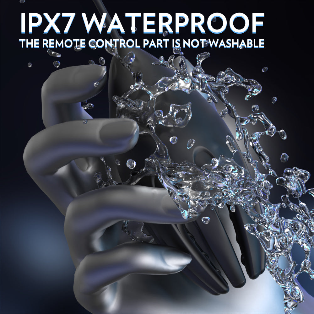 A black, silicone prostate massager with an octopus-like design. It is shown in a waterproof setting with water splashing around it, highlighting its waterproof feature.