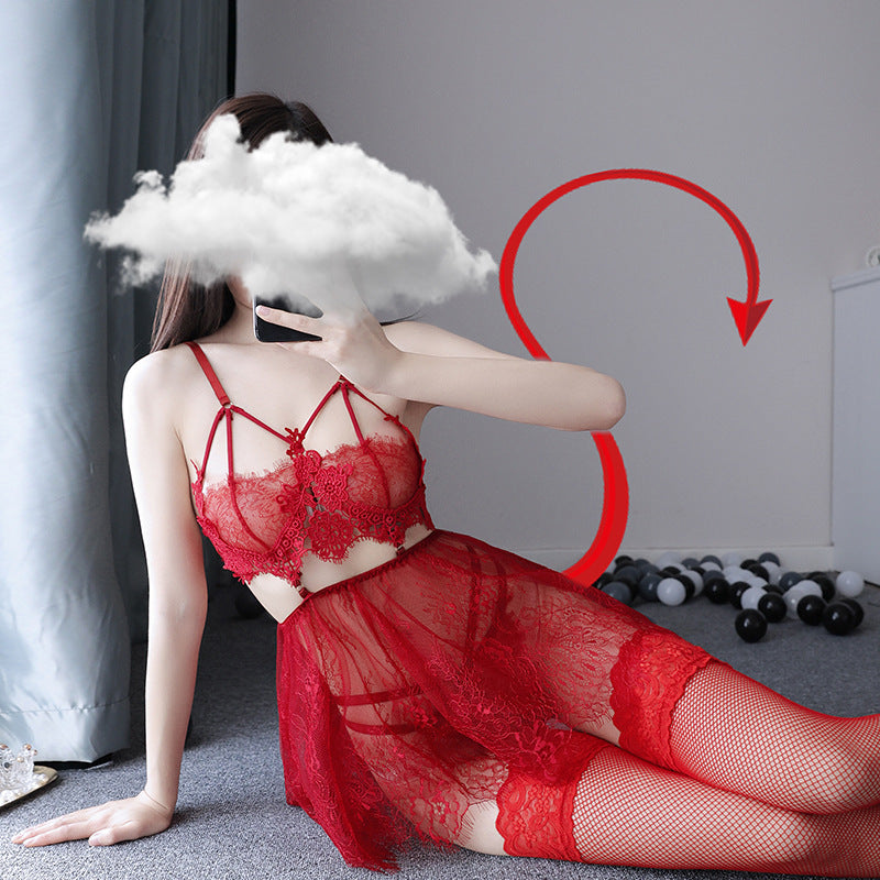 Wildhunni Lace Out Embroidery Underwire Red Babydoll Set
