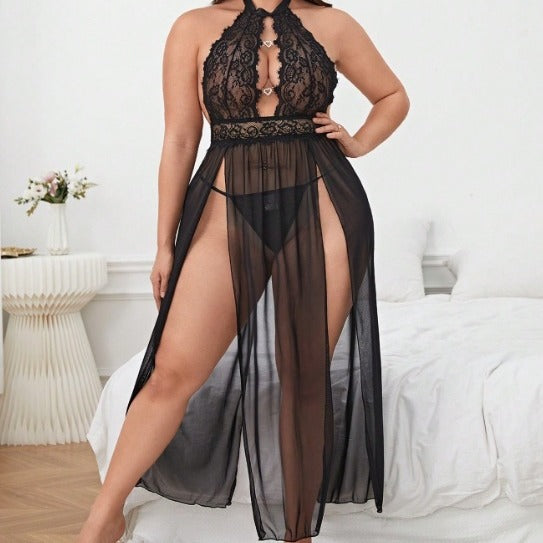 Plus Size for Women Black Lingerie Lace Long Babydoll Set Sheer and See Through