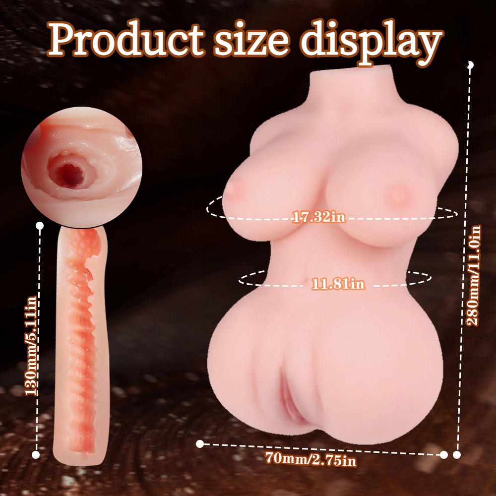 Small Sex Dolls Torso Male Masturbator Moria with realistic pussy size display with measurements on a dark background