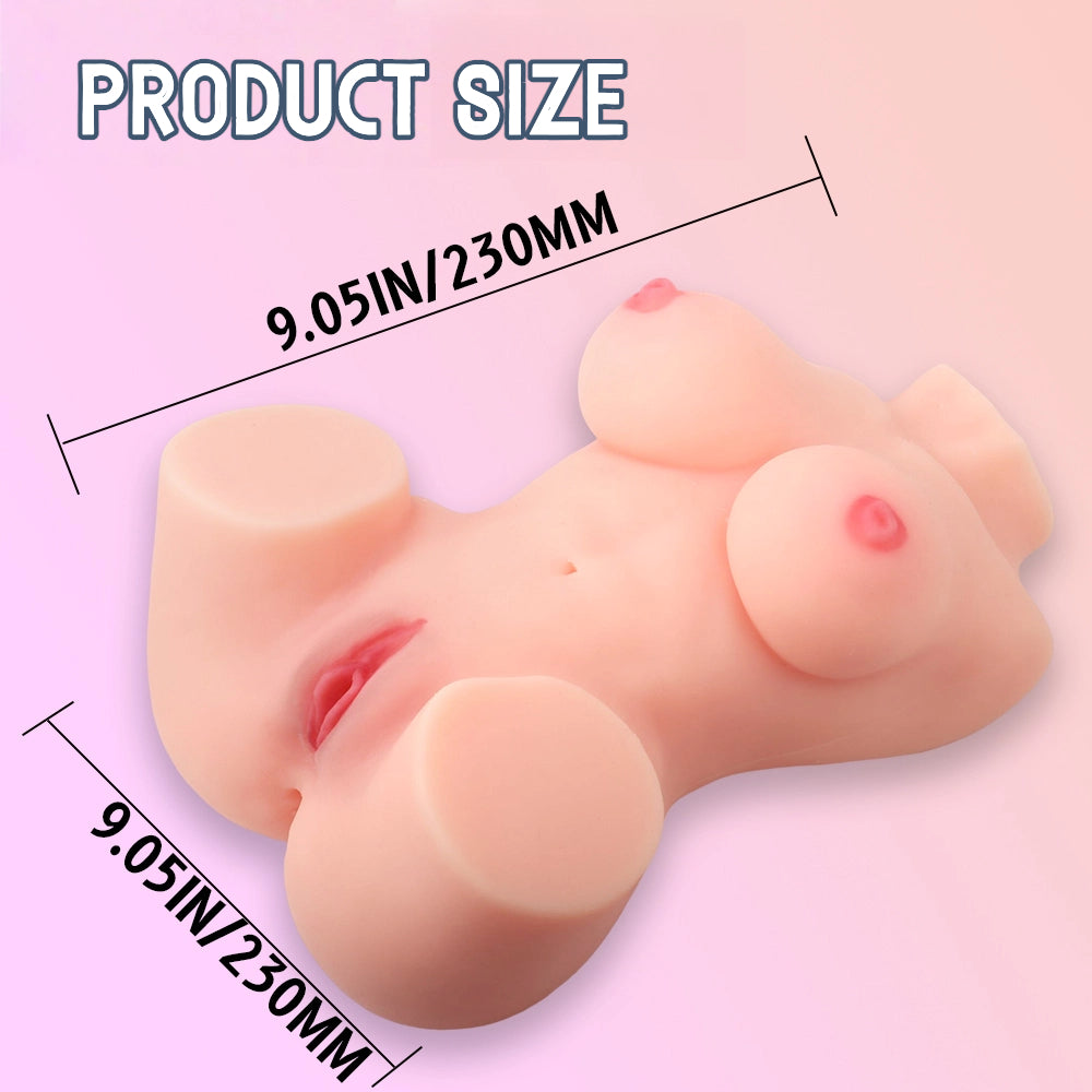 Small Sex Dolls Torso Male Masturbator Sylvia with realistic pussy. Product size measurement of a silicone breast form on a pink background