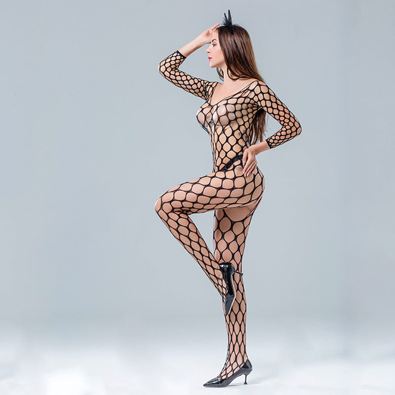 Black Lingerie Shredded Fishnet Bodystockings with nude bodysuit