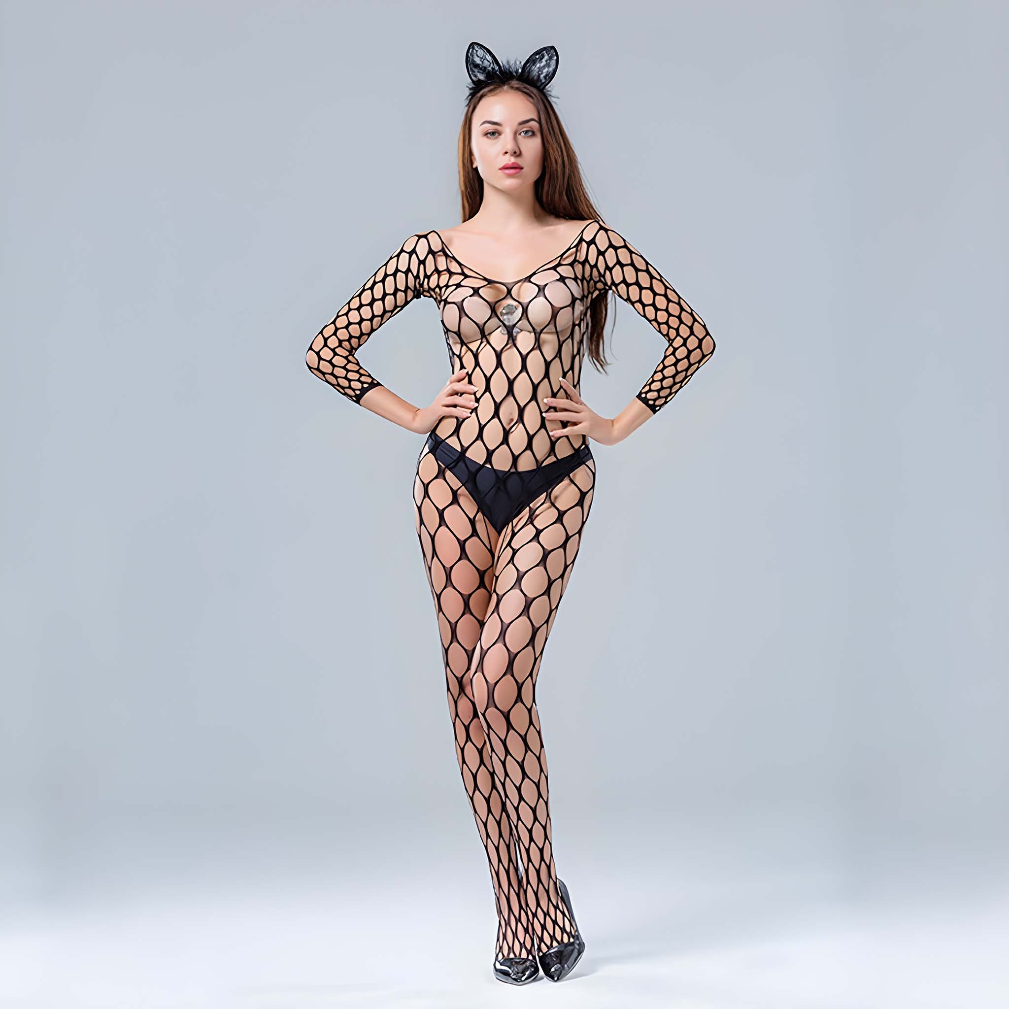 Black Lingerie Shredded Fishnet Bodystockings with nude bodysuit