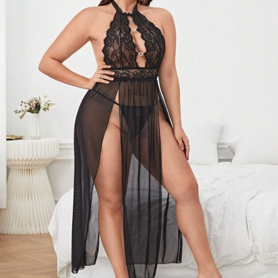 Plus Size for Women Black Lingerie Lace Long Babydoll Set Sheer and See Through
