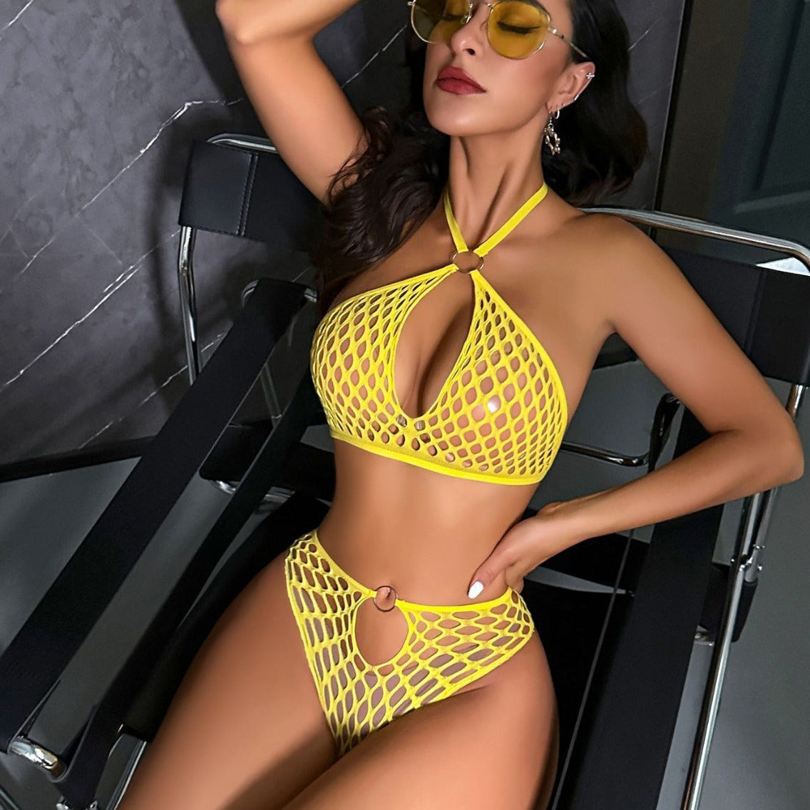 Two Piece Set Neon Yellow Fishnet Bikini with neck collar tie