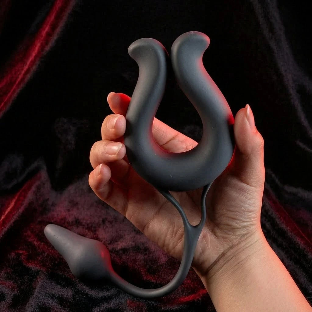 Wildhunni's Vibrating Cock Ring with anal plug using soft medical grade silicone, it is perfect for date night.